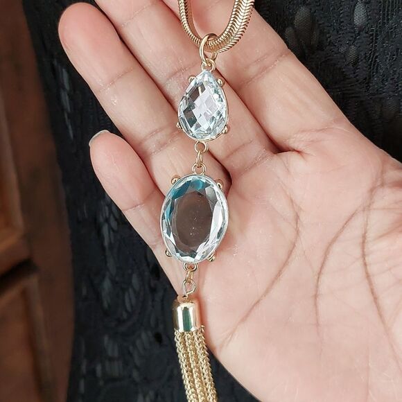 Herringbone Chain Necklace with Clear Rhinestones and Tassel Boho Chic Y Drop - Picture 4 of 6